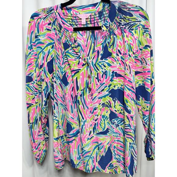 Lilly Pulitzer 100% Silk Elsa Top Indigo Palm Reader Boho Resort Palm Beach SM - Picture 1 of 7